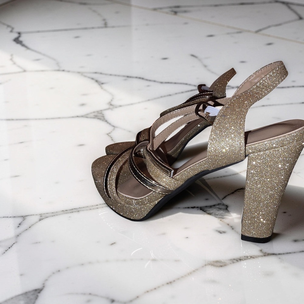 Gold Glitter Platform Sandals Strappy Block Heel Evening Dress Shoes - Picture 3 of 6